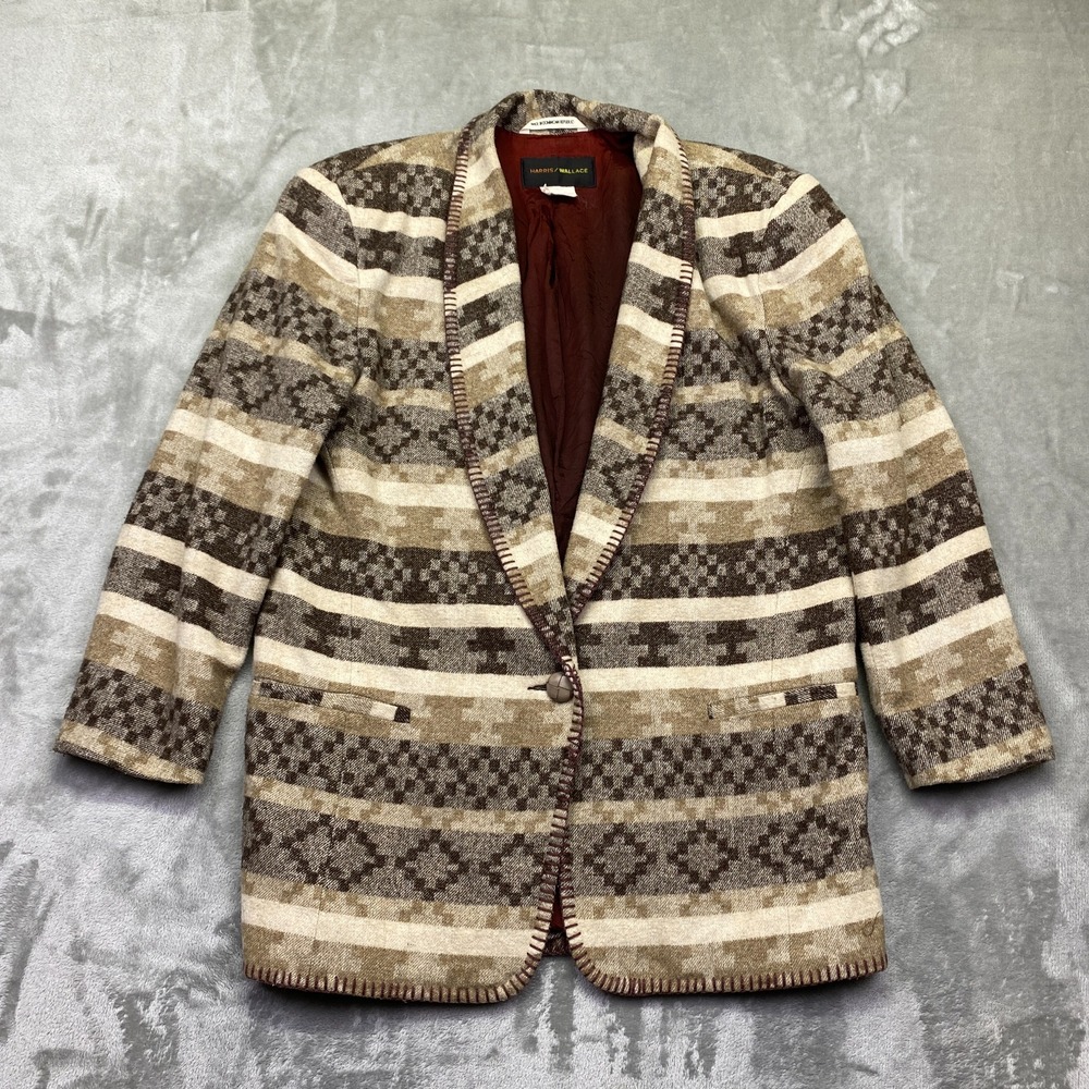 Harris Wallace Geometric Aztec Stripe Blazer Jacket Womens 3/4 Sleeve Sz M Wool